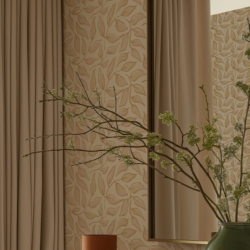 image 1 of Scattered Leaf Wallpaper in Caramel Latte | Brown | Caramel Latte | 50cm x 10m