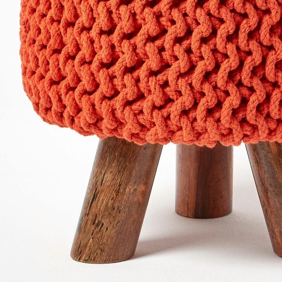 image 1 of Homescapes Burnt Orange Tall Cotton Knitted Footstool on Legs