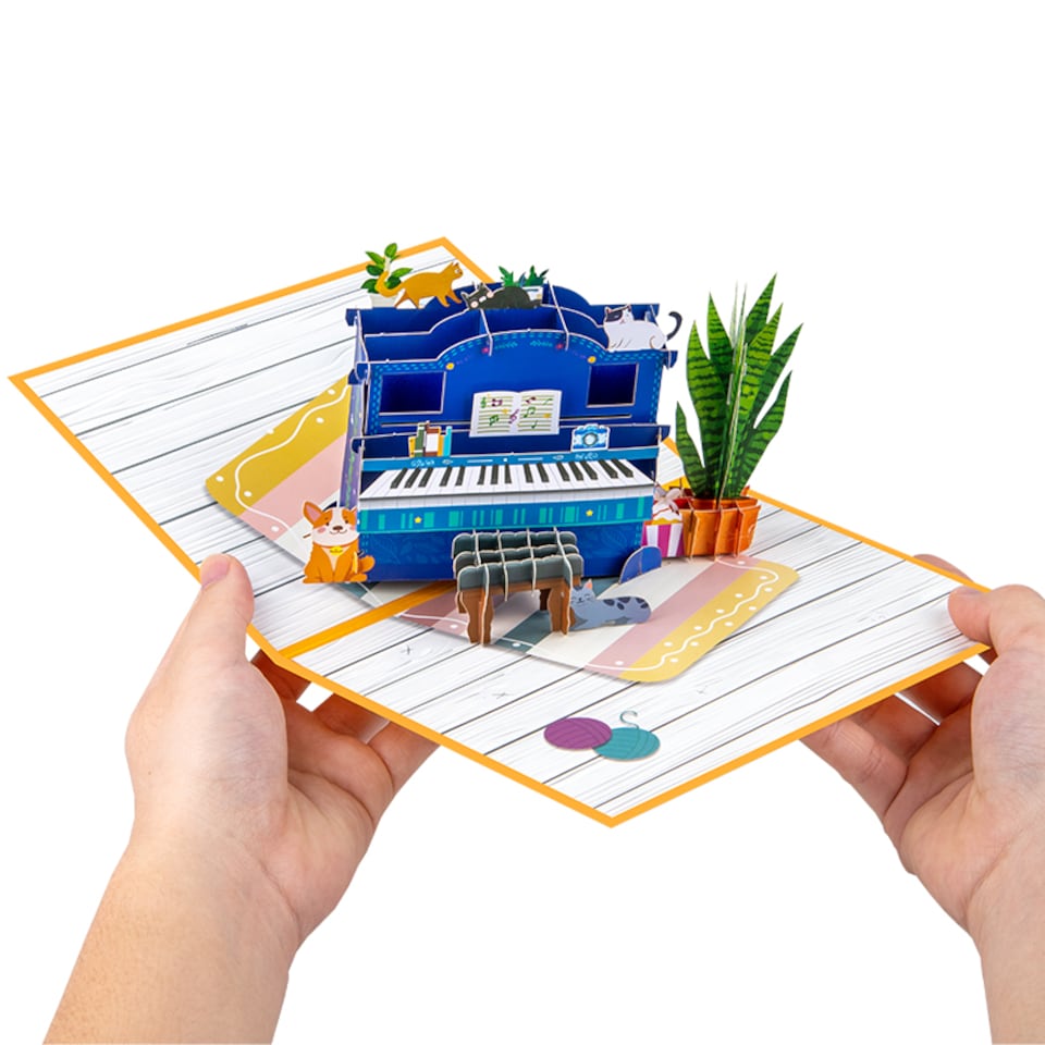 image 1 of Piano & Cats Scene Whimsical 3D Pop Up Greeting Card