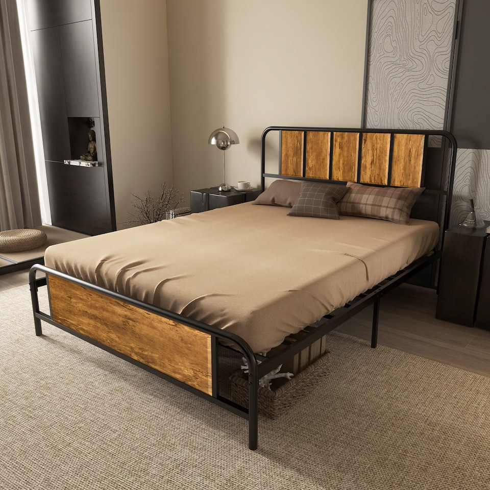 image 1 of HOMCOM 4.8ft Double Bed Frame with Industrial Wood Headboard, Steel Slat Support and 25.5cm Underbed Storage Space, 145 x 197cm, Rustic Brown