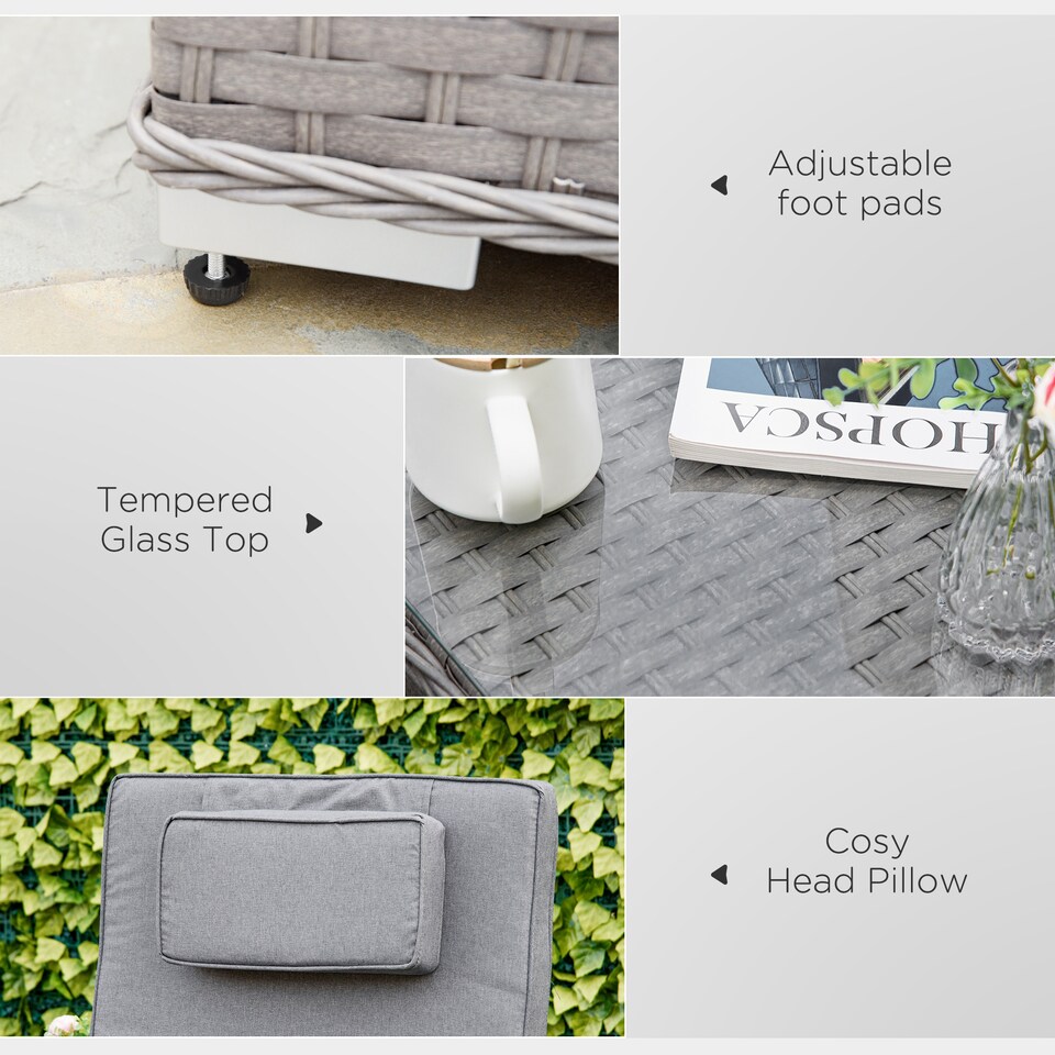 image 1 of Outsunny 3 Pieces Rattan Sun Lounger Set with Aluminium Frame, 5-Position Adjustable Reclining Garden Chairs and Glass Top Table, Wicker Garden Furniture Daybed with Cushions for Patio, Grey