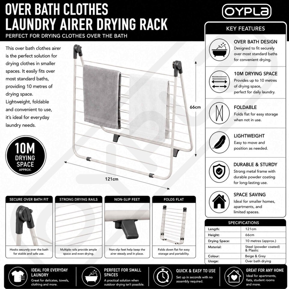 image 1 of Over Bath Clothes Laundry Airer Drying Rack Washing with 10m Drying Space