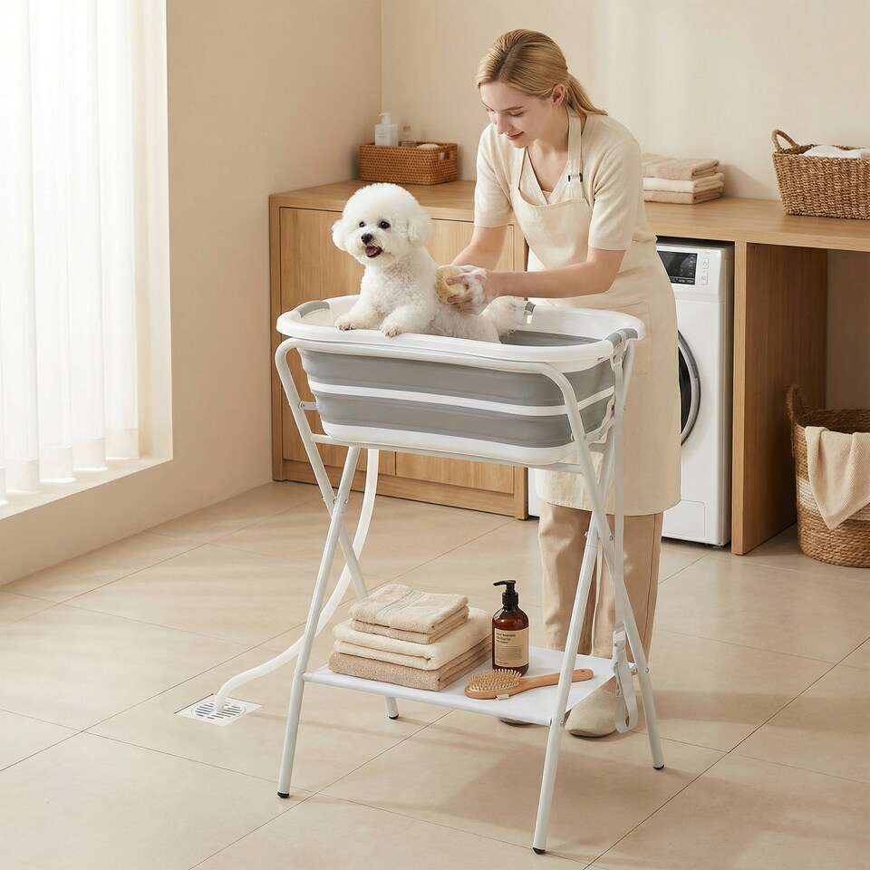 image 1 of PawHut 27L Dog Bath Tub Foldable Pet Bathtub with Stand Grey