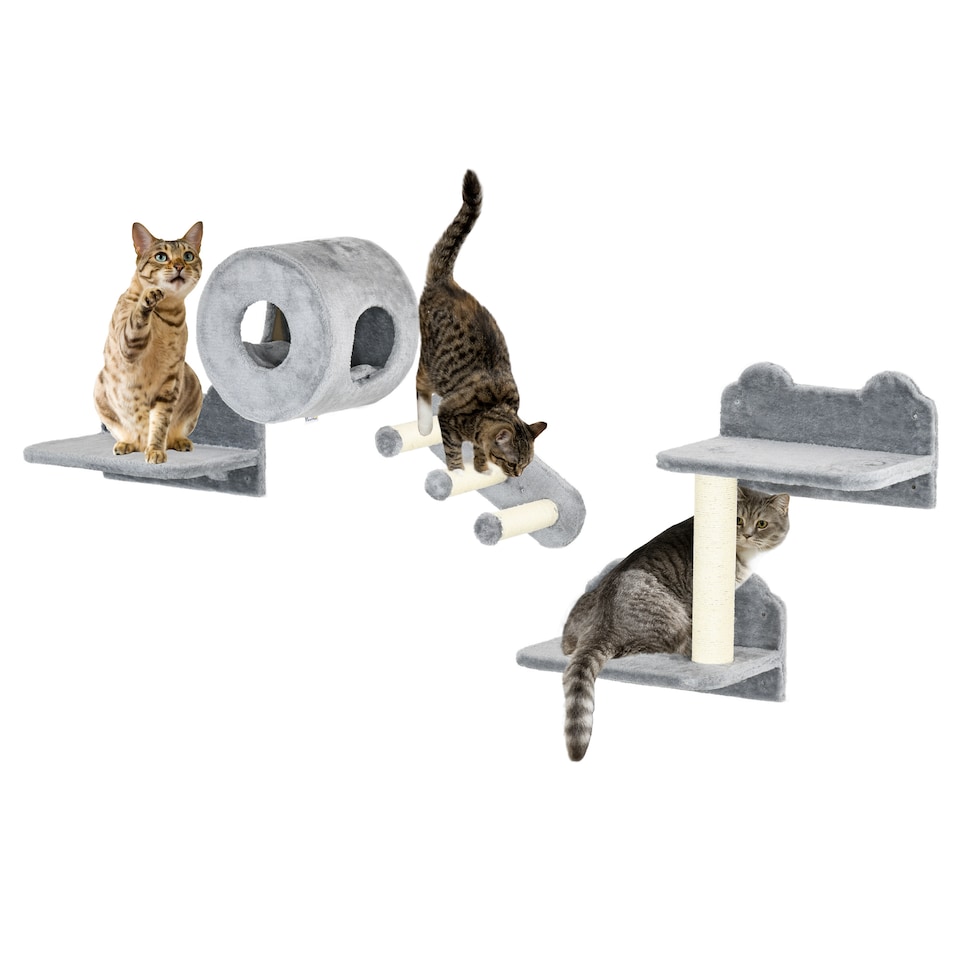 image 1 of PawHut 4PCs Wall Mounted Cat Tree, Cat Wall Furniture with Platforms, Steps, Scratching Post, Perch, Kitty House for Indoor Kittens - Grey