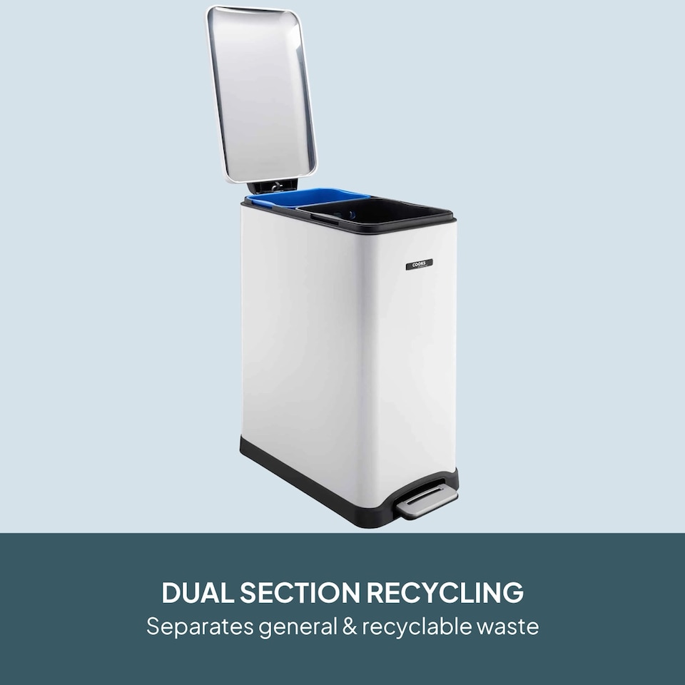 image 1 of Cooks Professional Slimline Dual Recycle Pedal Bin 50L - 2 Compartments & Soft Close Lid | White