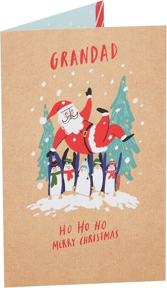 image 1 of Group of Penguins Holding Santa Up Grandad Christmas Card