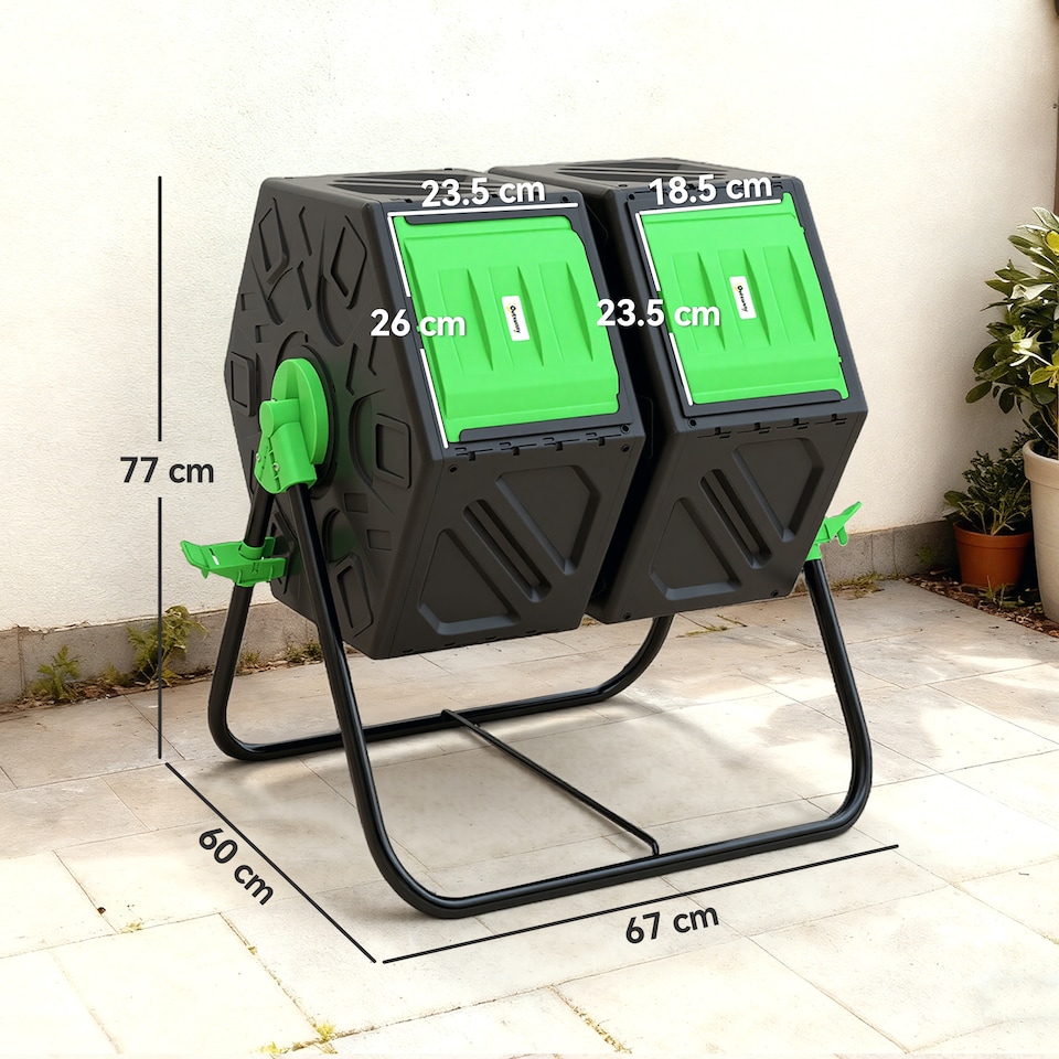 image 1 of Outsunny 130L Compost Bin Dual Chamber Rotating Composter w/ Ventilation Holes | Black | Green and Black