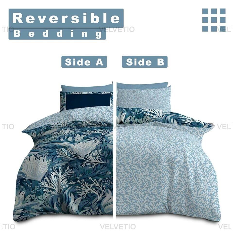 image 1 of VELVETIO Melia Complete Duvet Cover Set with Fitted Sheet Printed Bedding Quilt Blue | King