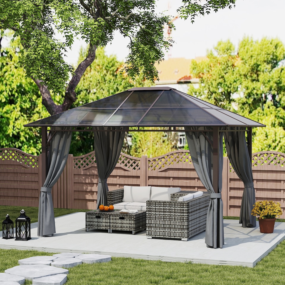 image 1 of Outsunny 3.6x3(m) Hardtop Gazebo Garden Pavilion w/ Polycarbonate Roof, Grey | Grey | Dark Grey | 1