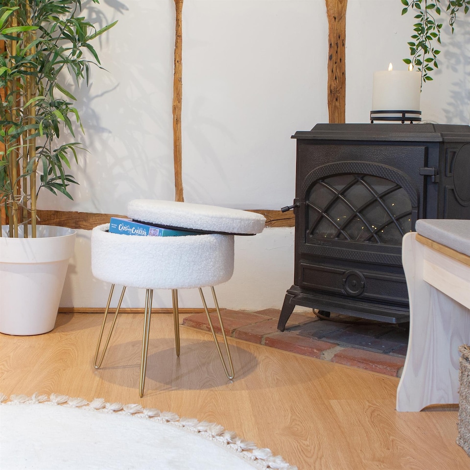 image 1 of Harbour Housewares Round Boucle Storage Footstool - H46 x D37cm - Cream/Gold | Cream | Cream/Gold