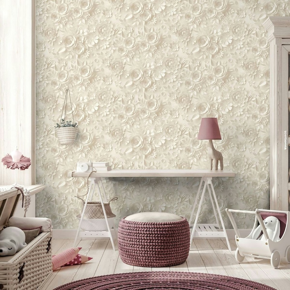 image 1 of Muriva My Kingdom Flowers Textured Wallpaper - Cream - 10m x 53cm Cream