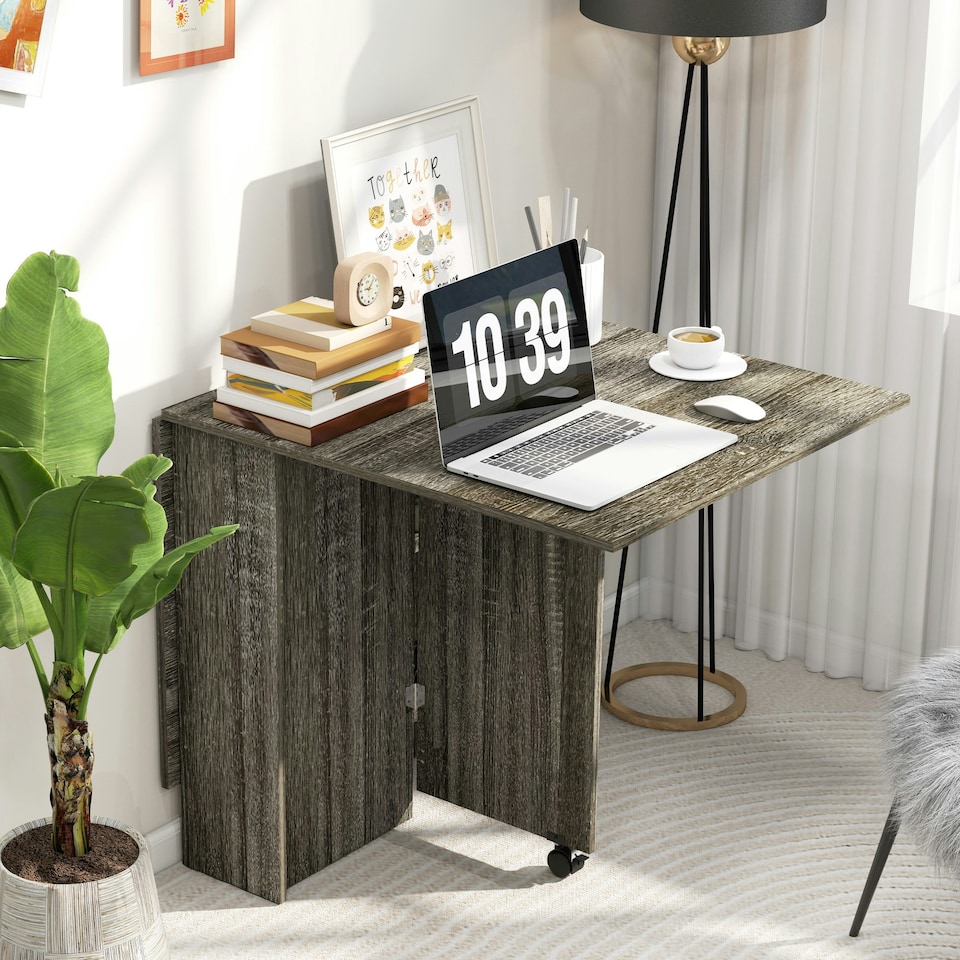 image 1 of HOMCOM Mobile Drop Leaf Dining Table Folding Desk w/ 2 wheels Storage Shelves