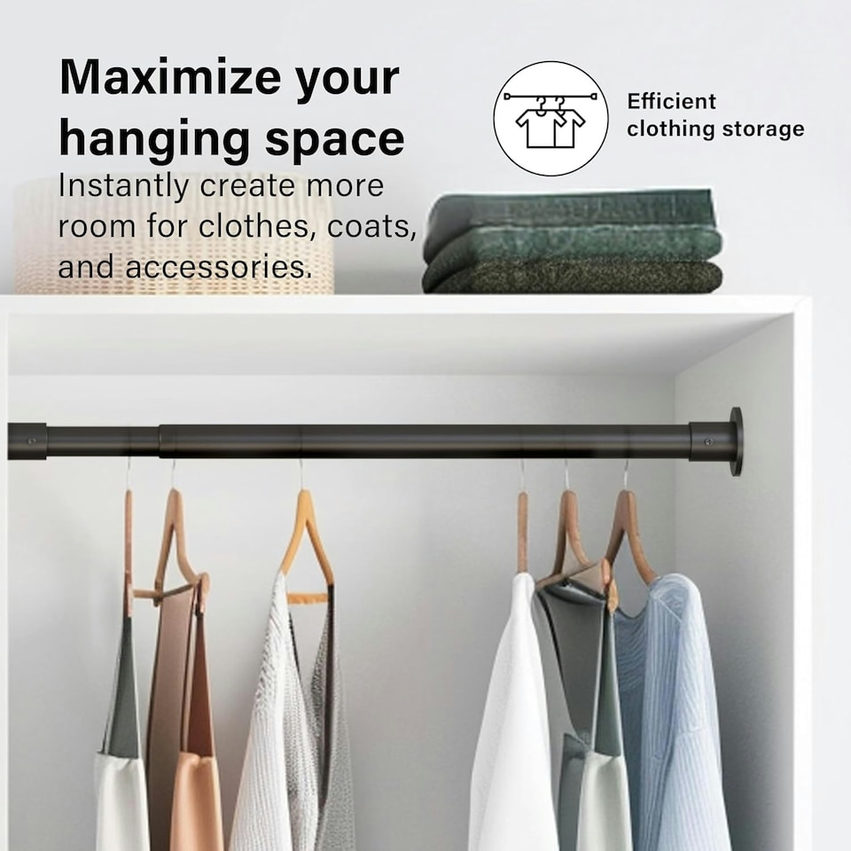 image 1 of Extendable Wardrobe Clothes Rail Rod Pole Black Stainless Steel Adjustable Store - Medium (80-105cm) Black