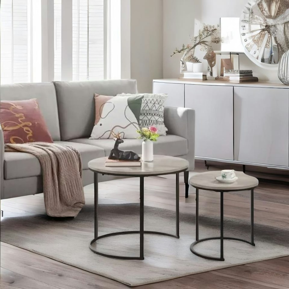 image 1 of Set Of 2 Round Nesting Tables Grey Grey