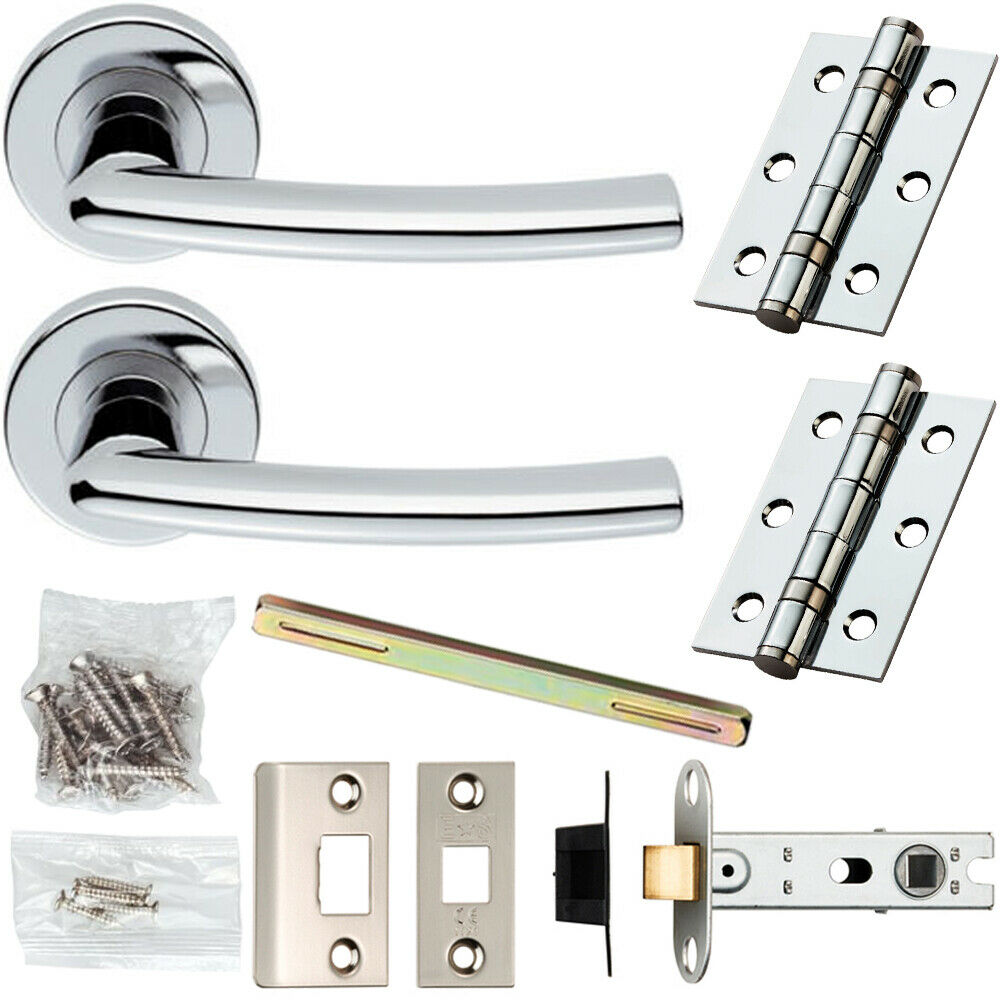 Loops Door Handle & Latch Pack Chrome Modern Curved Slim Bar on Screwless Round Rose