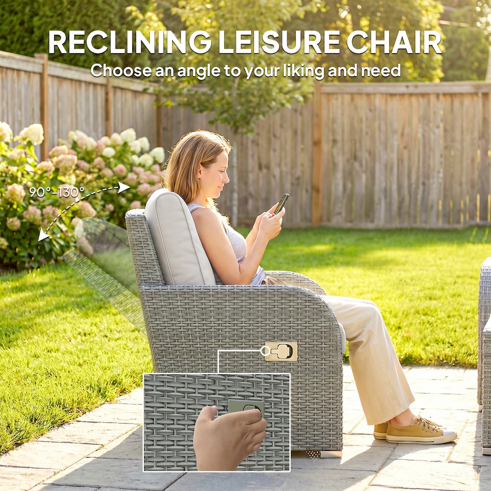 image 1 of Outsunny Rattan Garden Furniture Set with Recliners, Footstools, Light Grey | Grey | Light Grey