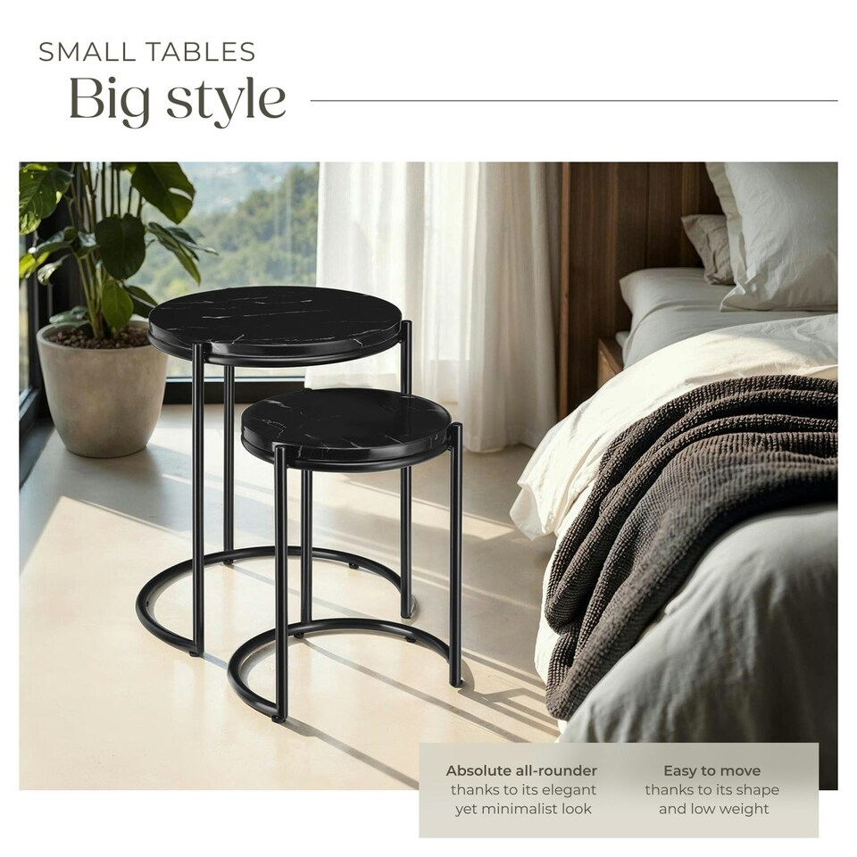image 1 of Side Table Ellsa - marble top, steel frame, elegant design - Set of 2 Black