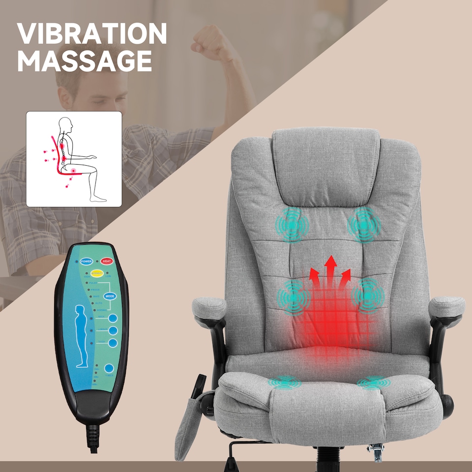 image 1 of Vinsetto Office Chair, Ergonomic Fabric Desk Chair with 6-Point Massage and Back Heated, Arms, Lumbar Support, Light Grey