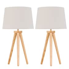 Set of 2 Light Oak Table Lamp Bedside Lights with Natural Linen Shades | Brown | Brown | Large | 2