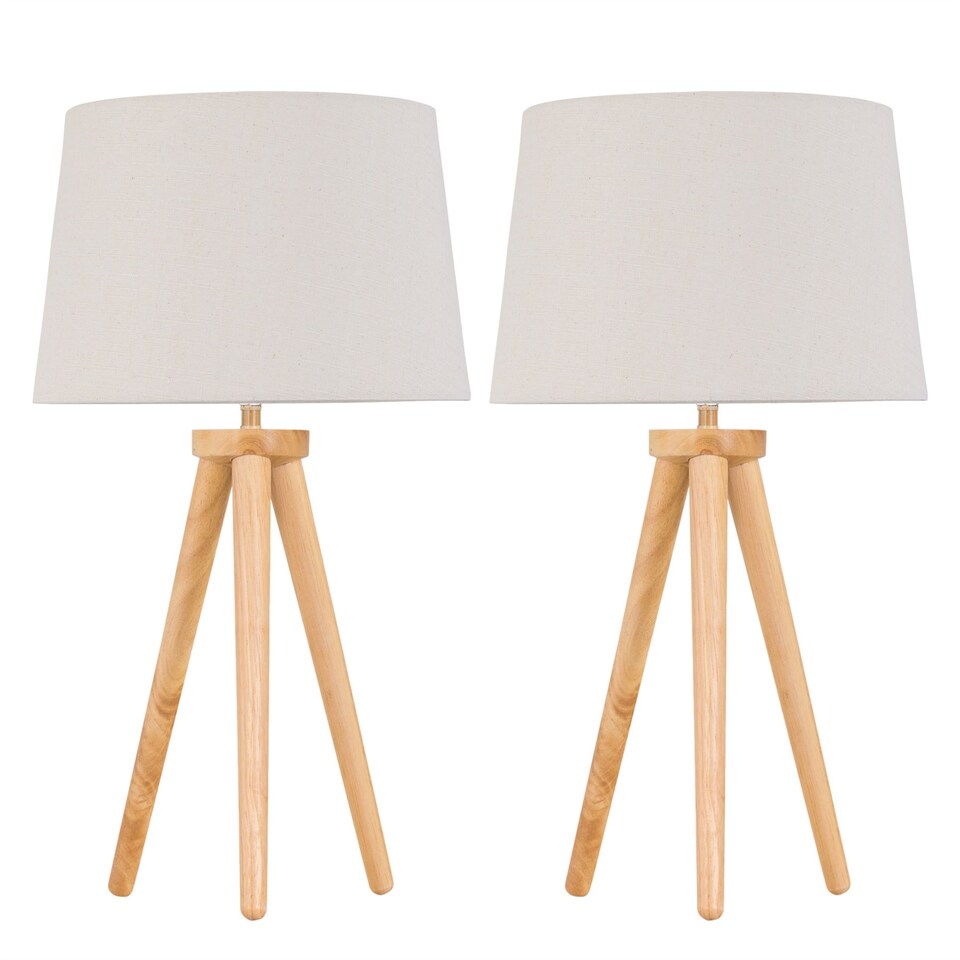 image 1 of Set of 2 Light Oak Table Lamp Bedside Lights with Natural Linen Shades | Brown | Brown | Large | 2