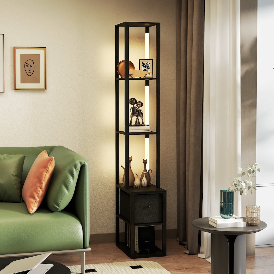 image 1 of HOMCOM Floor Lamp with Shelves, LED Column Modern Standing Lamp with Fabric Drawer, Adjustable Brightness, Foot Switch for Living Room, Bedroom, Office, Black | Black