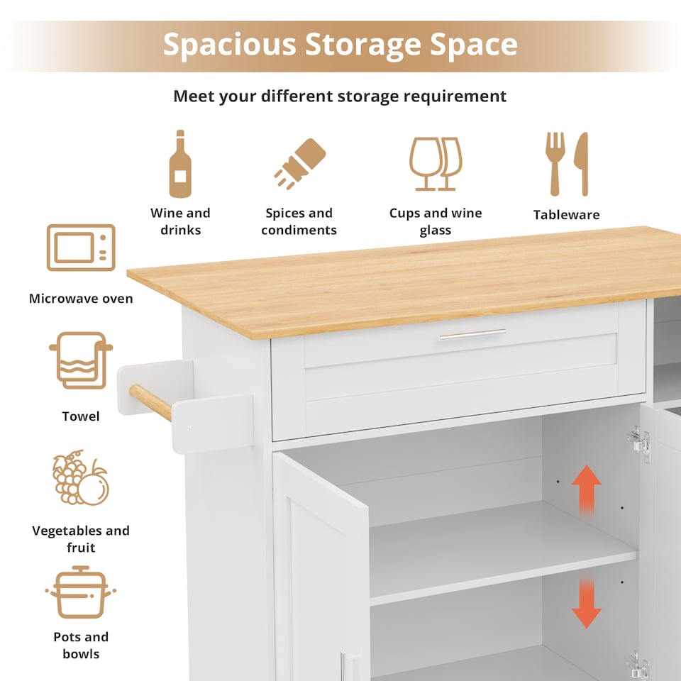 image 1 of VILUXE Mobile Kitchen Island with Foldable Worktop, Drawer, Adjustable Cabinets, 3 Door Spice Racks, Towel Rail and 5 Wheels, White and Natural Wood
