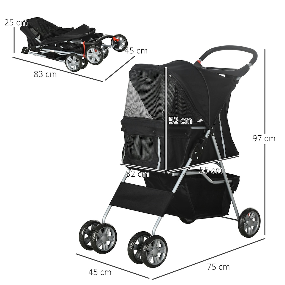 image 1 of PawHut Pet Stroller Carrier Foldable Deluxe Jogger Walk Travel Dog Cat Black