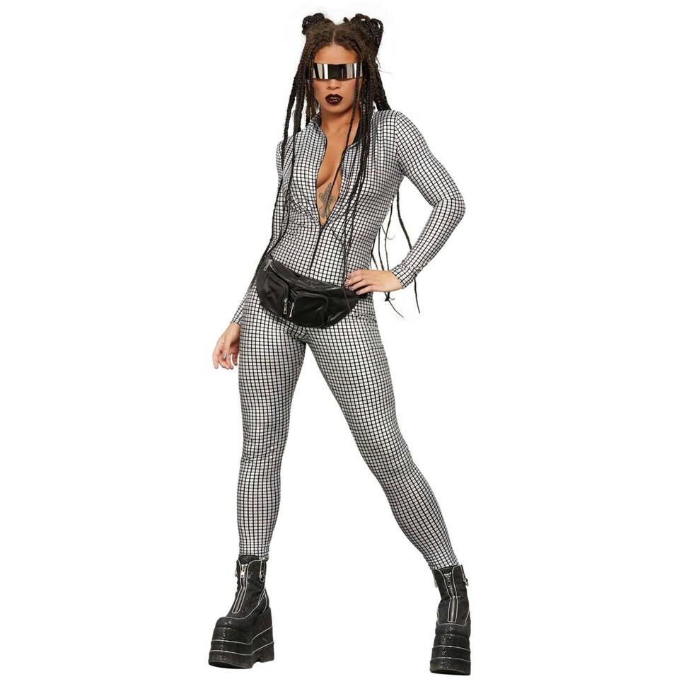 image 1 of Fever Womens/Ladies Miss Whiplash Disco Holographic Catsuit - Silver - S | Multi | S