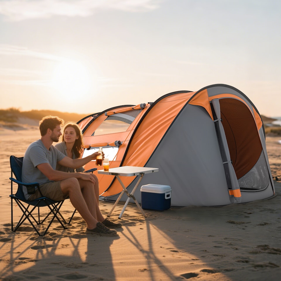 image 1 of Outsunny Camping Tent Dome Pop-up Tent with Windows for 4 Person Orange