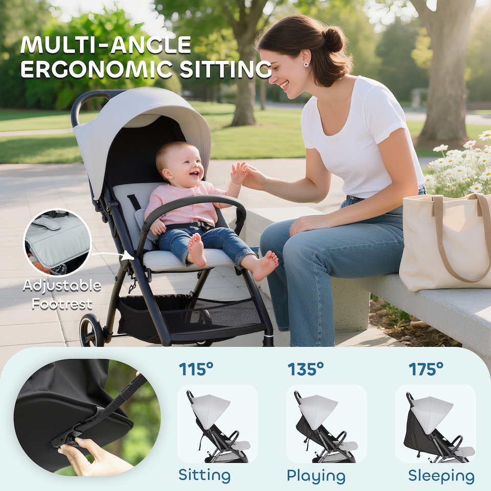 image 1 of AIYAPLAY Travel Stroller with Easy Folding, Lightweight Pushchair Light Grey