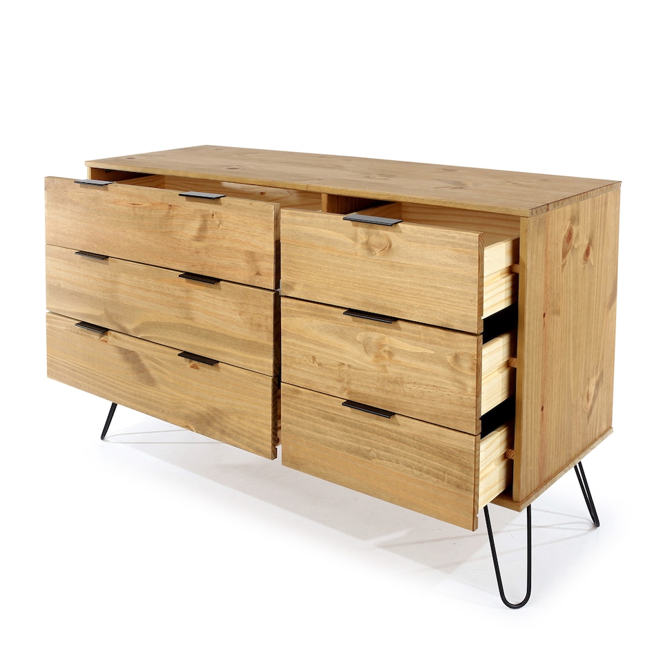 image 1 of Augusta Pine 3+3 Drawer Wide Chest of Drawers - Industrial Style Bedroom Storage Cabinet | Brown | Brown | One Size | 1