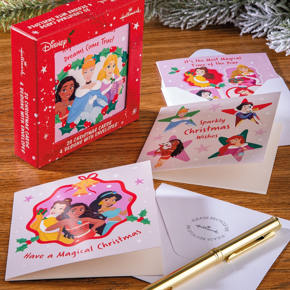 image 1 of Hallmark Pack Of 20 Kids' Christmas Cards - 4 Enchanting Disney Princess Designs