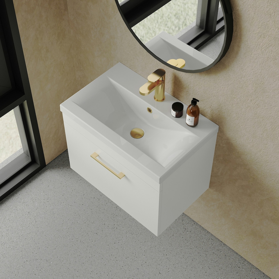 image 1 of Rio 1 Drawer Wall Hung Vanity Basin Unit - 600mm - Gloss White with Brushed Brass D Handle (Tap Not Included) White