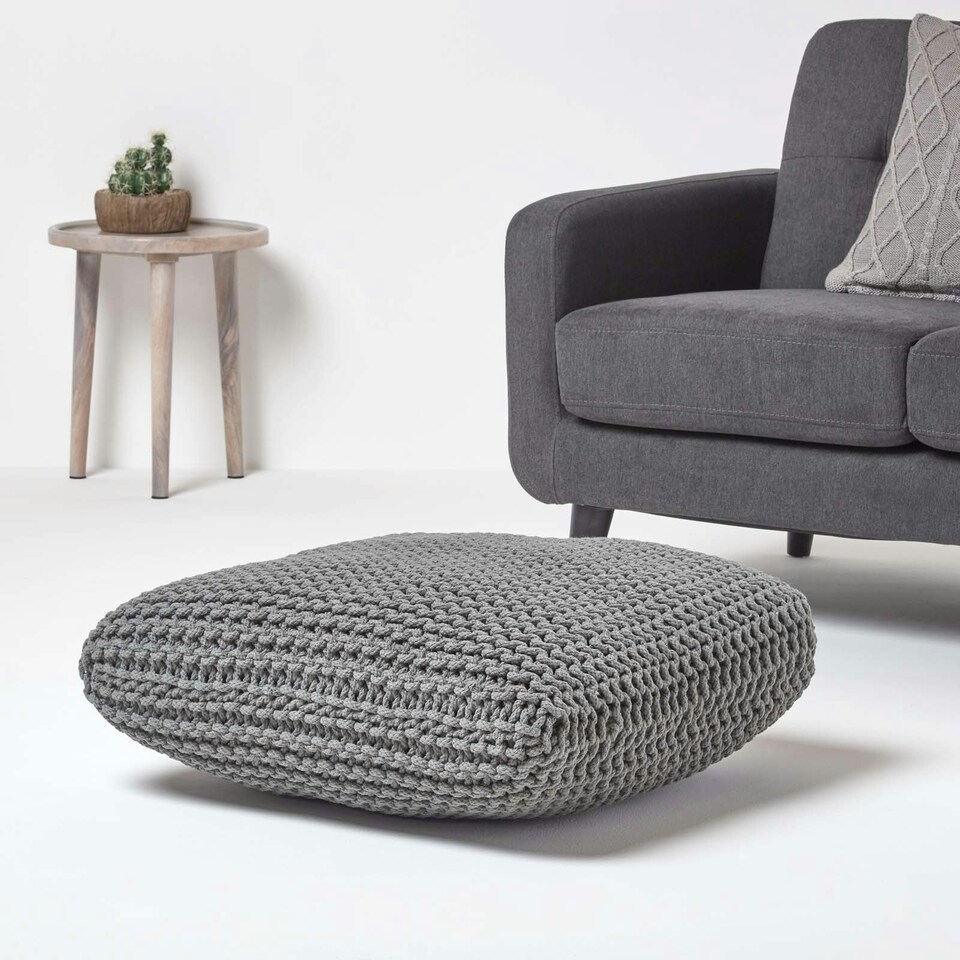 image 1 of Homescapes Grey Square Cotton Knitted Pouffe Floor Cushion