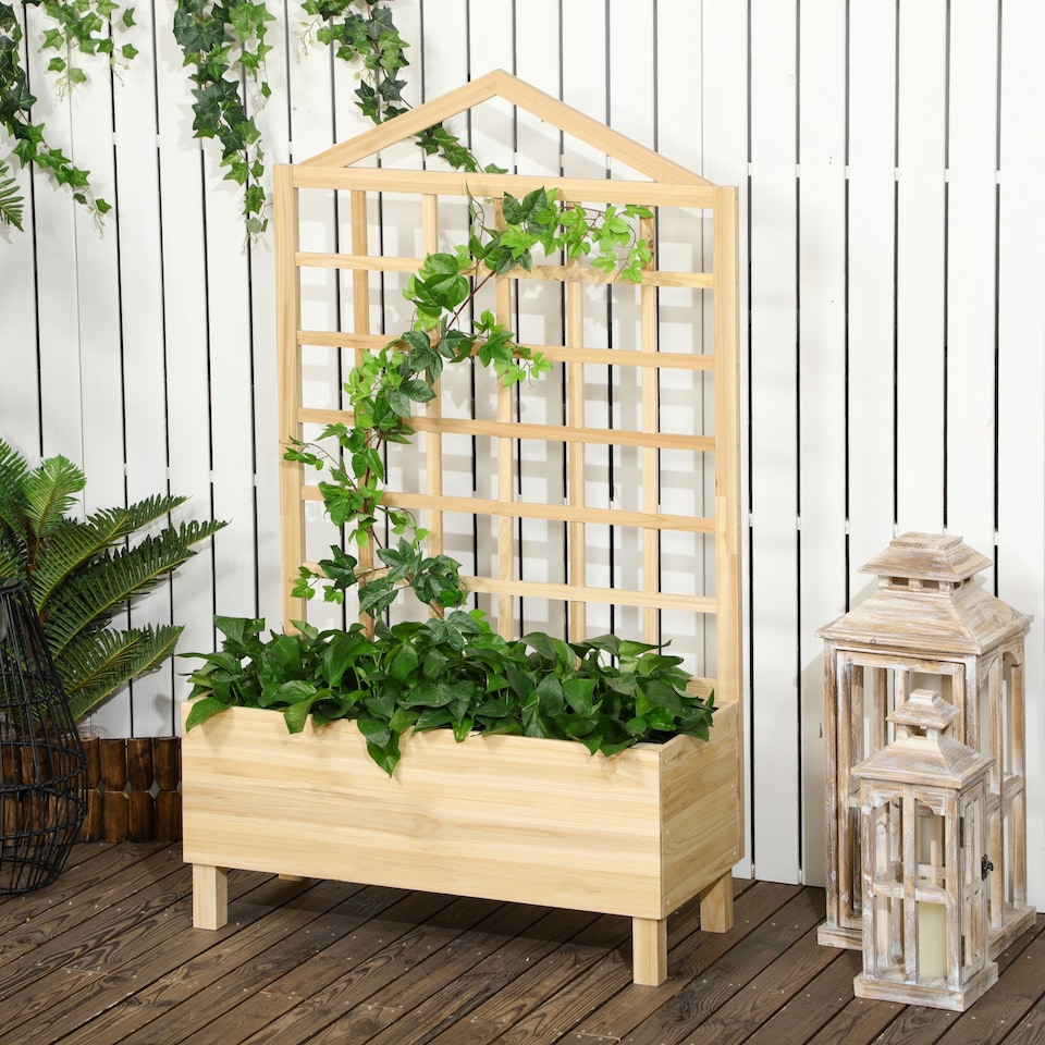 image 1 of Outsunny Wooden Garden Planters with Trellis for Vine Climbing Plants, Natural