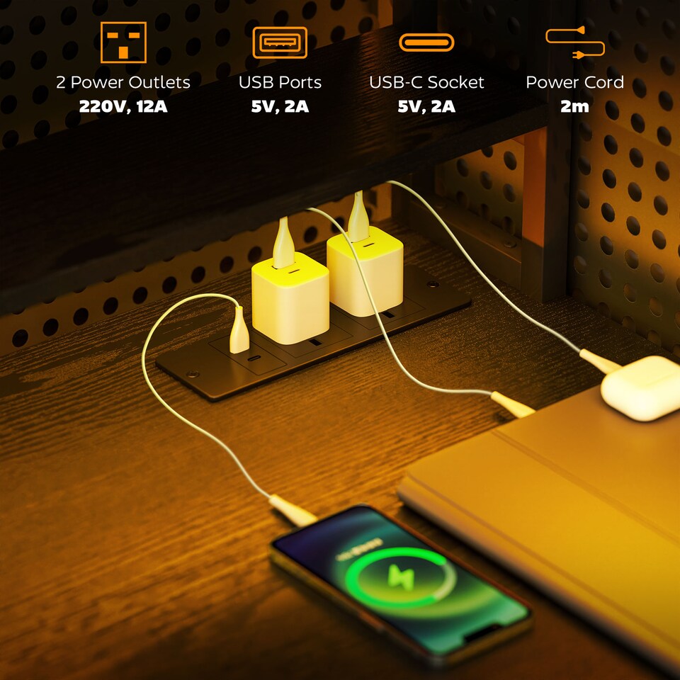 image 1 of HOMCOM Computer Desk with Power Outlets and LED Lights, Home Office Desk with Monitor Stand, 2 CPU Stands and Storage Shelves, Study Table Gaming Desk with Hutch, Black | Black