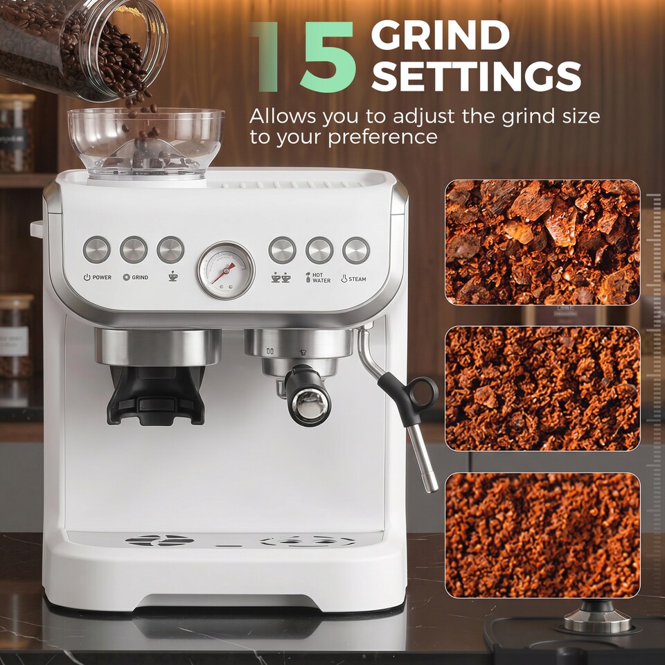 image 1 of HOMCOM Espresso Machine, Bean Grinder & Steam Wand, 15 Bar Pressure