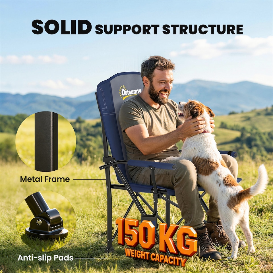 image 1 of Outsunny Camping Chair Padded with Side Pocket | Blue | Dark Blue, Dark Grey | One Size