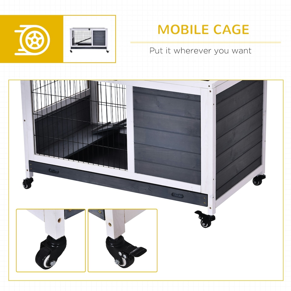 image 1 of PawHut Rabbit Cages, Guinea Pig Hutch w/ Roof & Wheels, No-Leak Tray, White
