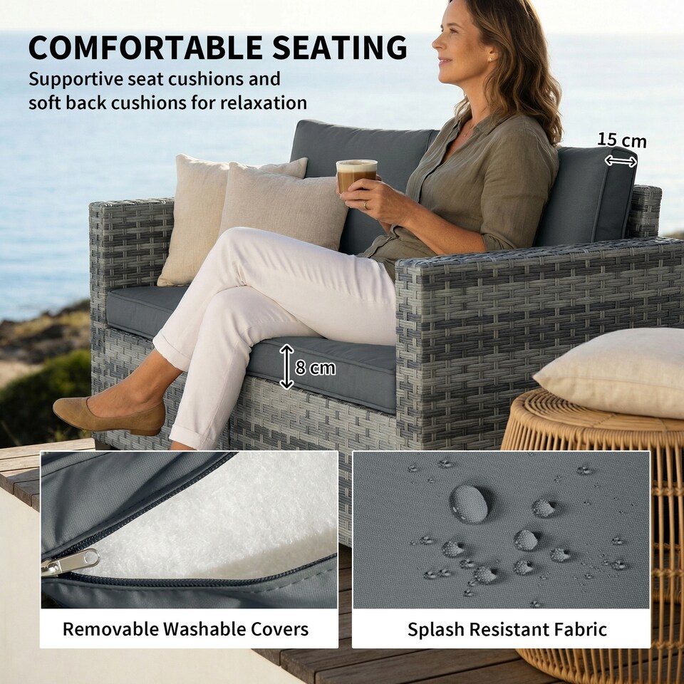 image 1 of Outsunny 2 Seater Rattan Garden Sofa with Deep Seat, Wide Arms, Mixed Grey | Grey | Mixed Grey | Two Seater
