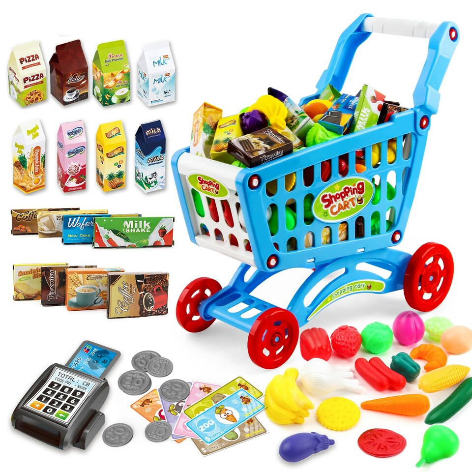 image 1 of Shopping Cart Trolley Play Set for Children – Includes 78 Grocery Food, Fruit, and Vegetable Accessories (Blue)