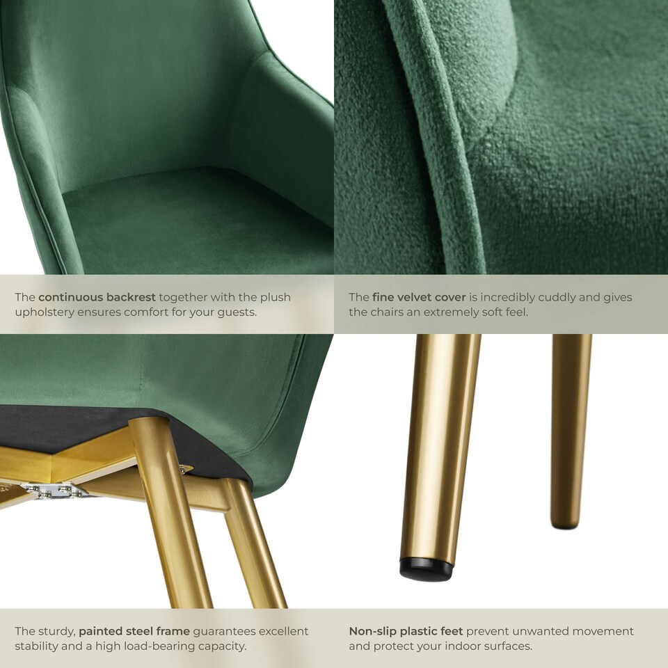 image 1 of Chair Marilyn - with armrests, padded, velvet look, golden steel legs - per piece Green | Dark Green/Gold
