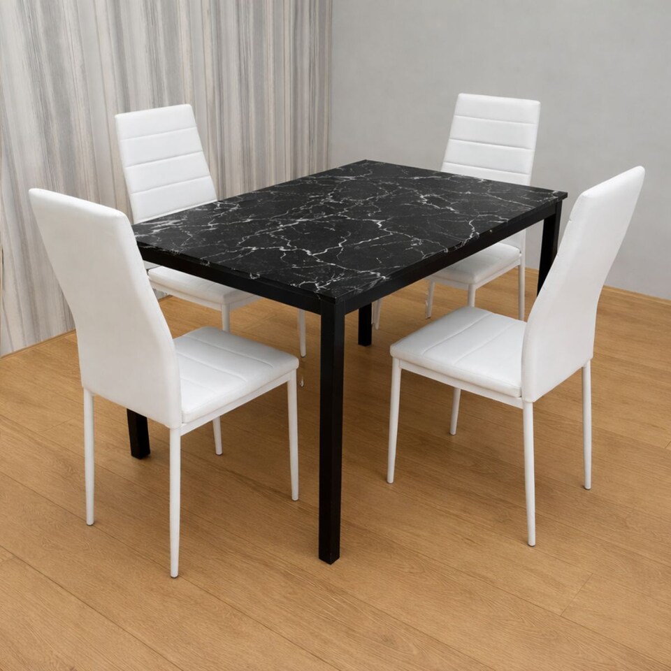 image 1 of Black Marble Effect Dining Table with 4 White Faux Leather Chairs Kitchen Furniture