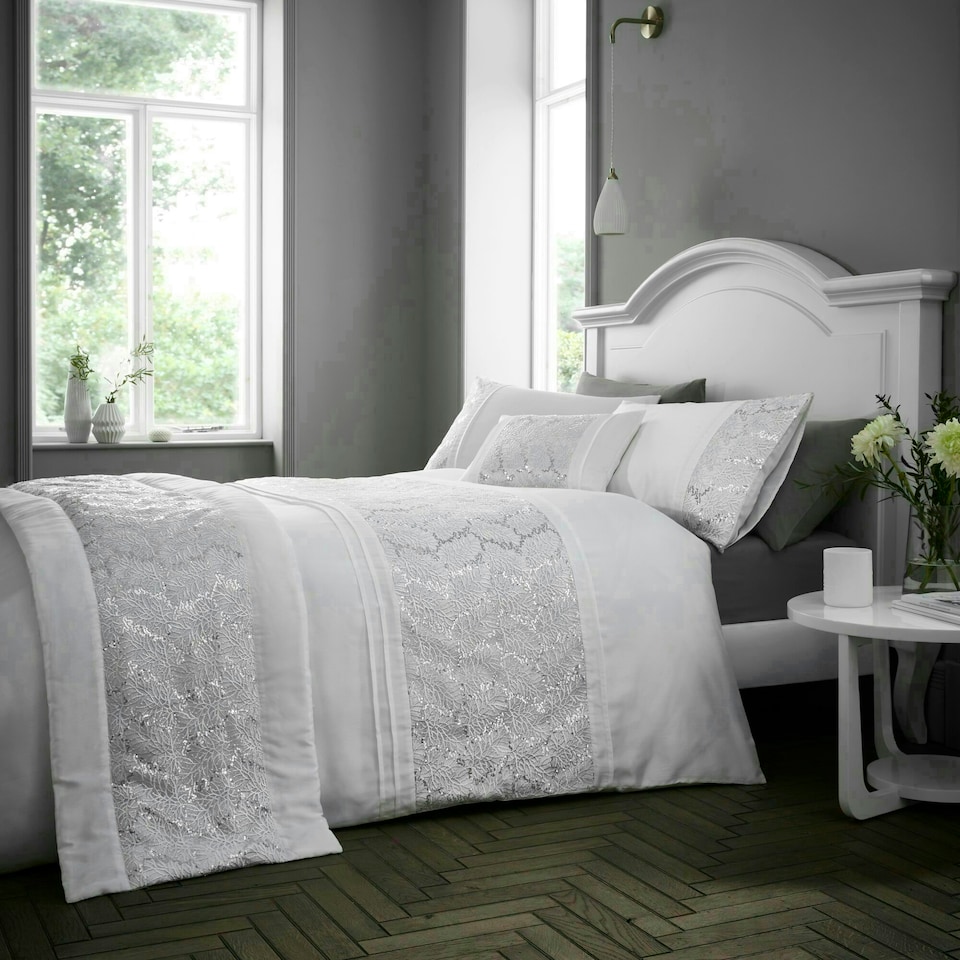 image 1 of Portfolio Home Rouen Embellished Sequins Bedding Duvet Cover Set White | King