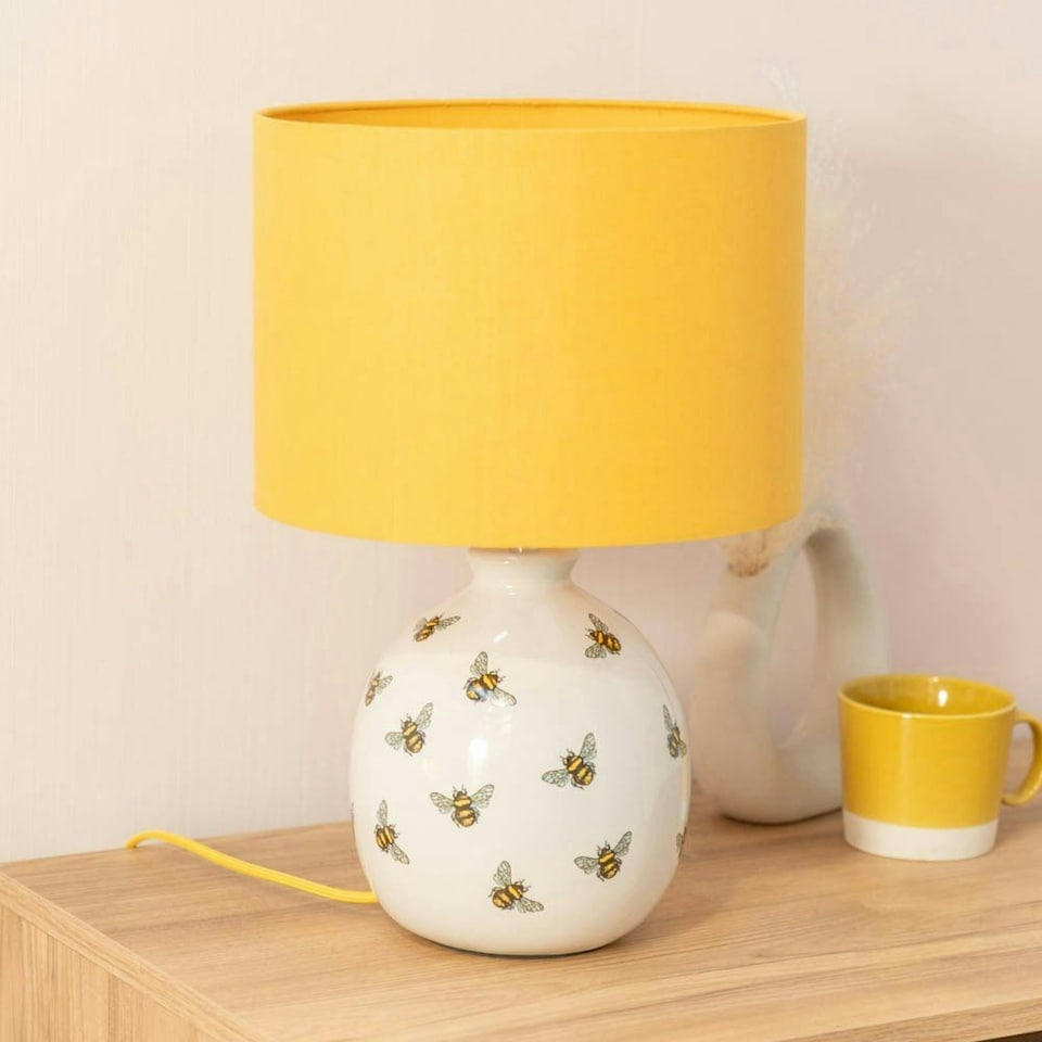image 1 of ValueLights Bumble Bee Ceramic Bedside Table Lamp with a Yellow Fabric Lampshade - Bulb Included