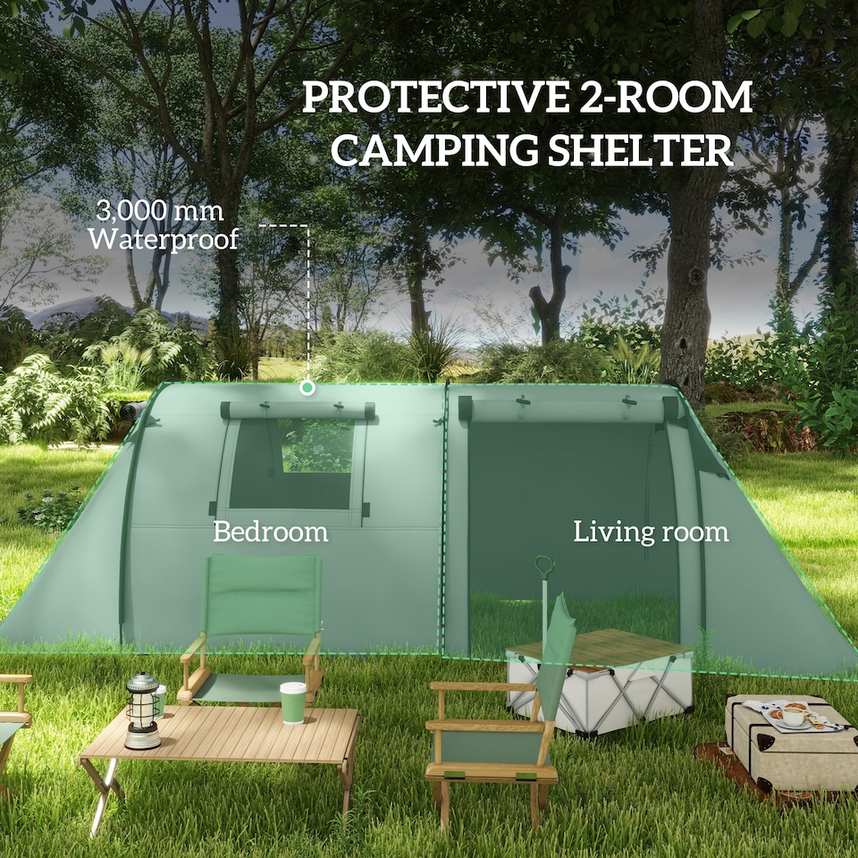 image 1 of Outsunny 3-4 Man Camping Tent, Large Family Tunnel Tent with Bedroom and Living Room, 3000mm Waterproof, Portable with Bag, for Fishing Hiking Festival, Grey | Grey | Grey