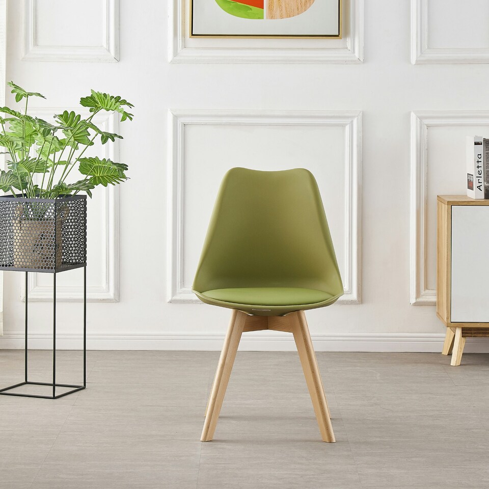 image 1 of Set of 4 Scandinavian Dining Chairs with Leather Cushions Solid Wood Legs | Green | Lime Green