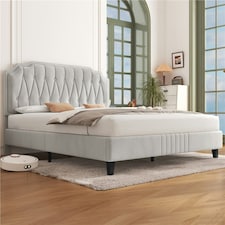 Yaheetech 135 cm W x 190 cm L Upholstered Bed Frame with Button-Tufted Headboard Beige