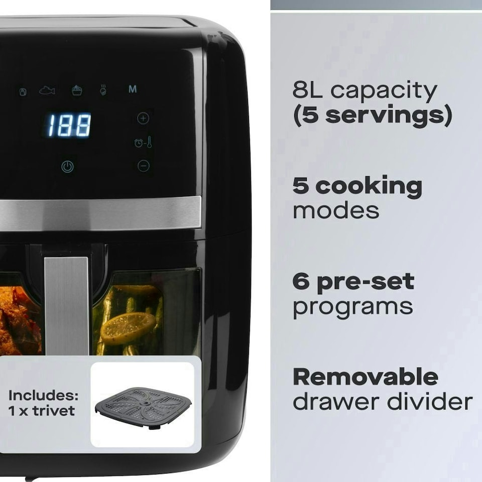 image 1 of Daewoo Family Size 8L Digital Air Fryer w Window & Divider for 2x4L Dual Cooking