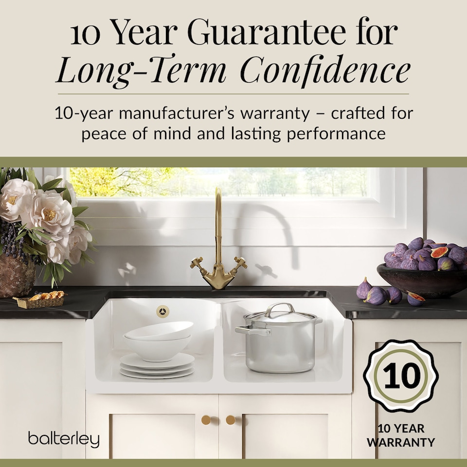 image 1 of Balterley Fireclay Kitchen Sink Bundle - 2 Bowl Butler Sink with Stepped Weir, Wastes & Crosshead Tap